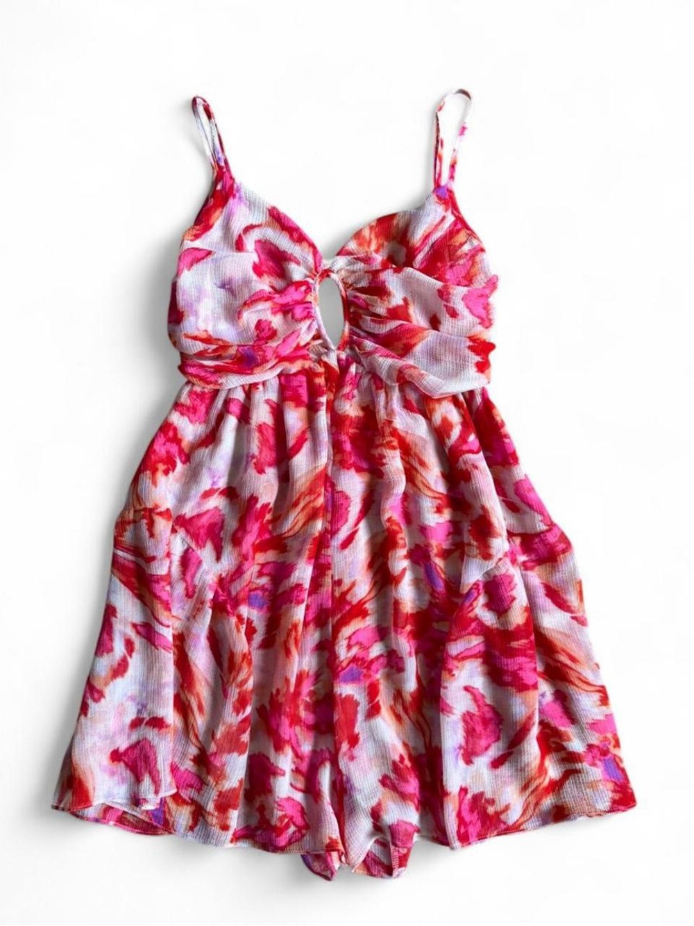 Misa Los Angeles Pink & Red Floral Cutout Romper with Spaghetti Straps